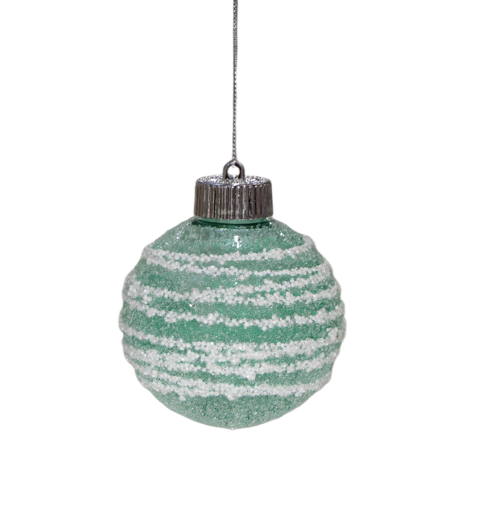 XMAS ORNAMENT GLOB VERDE GLAZURAT CU DUNGI ALBE 8 CM, PLASTI