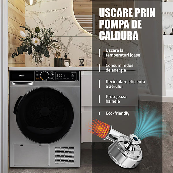 Uscator Rufe Automat, Samus Sadp-836ds, Pompa De Caldura, 8 Kg, Cls D latime 60 cm, functie Antisifonare, igienizare UV, blocare acces copii, optiune pornire intarziata, gri + negru