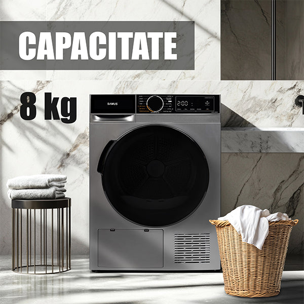 Uscator Rufe Automat, Samus Sadp-836ds, Pompa De Caldura, 8 Kg, Cls D latime 60 cm, functie Antisifonare, igienizare UV, blocare acces copii, optiune pornire intarziata, gri + negru