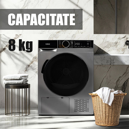 Uscator Rufe Automat, Samus Sadp-836ds, Pompa De Caldura, 8 Kg, Cls D latime 60 cm, functie Antisifonare, igienizare UV, blocare acces copii, optiune pornire intarziata, gri + negru