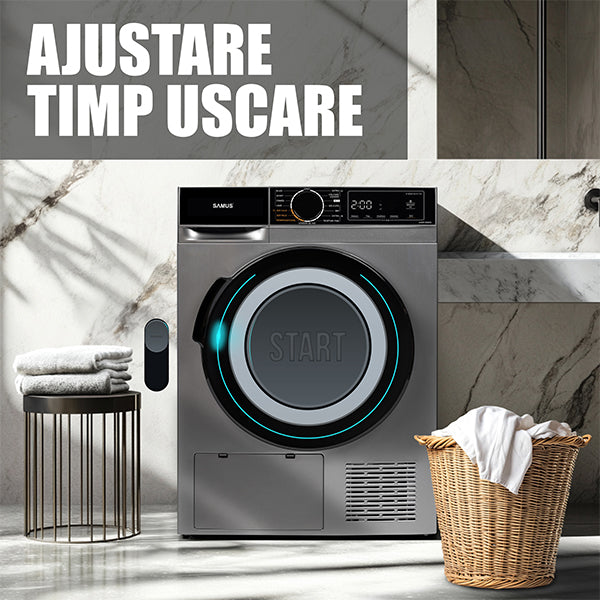 Uscator Rufe Automat, Samus Sadp-836ds, Pompa De Caldura, 8 Kg, Cls D latime 60 cm, functie Antisifonare, igienizare UV, blocare acces copii, optiune pornire intarziata, gri + negru