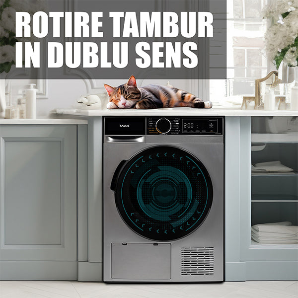 Uscator Rufe Automat, Samus Sadp-836ds, Pompa De Caldura, 8 Kg, Cls D latime 60 cm, functie Antisifonare, igienizare UV, blocare acces copii, optiune pornire intarziata, gri + negru