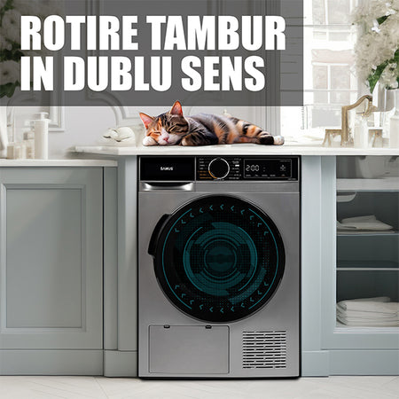 Uscator Rufe Automat, Samus Sadp-836ds, Pompa De Caldura, 8 Kg, Cls D latime 60 cm, functie Antisifonare, igienizare UV, blocare acces copii, optiune pornire intarziata, gri + negru