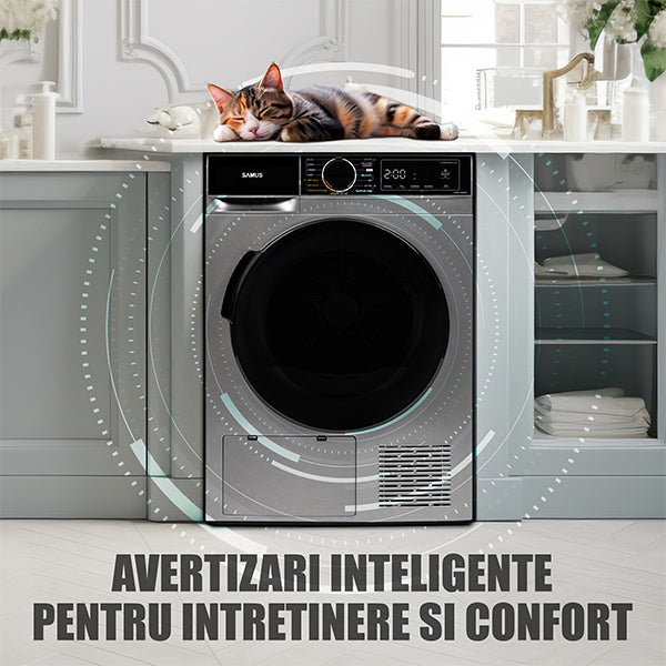 Uscator Rufe Automat, Samus Sadp-836ds, Pompa De Caldura, 8 Kg, Cls D latime 60 cm, functie Antisifonare, igienizare UV, blocare acces copii, optiune pornire intarziata, gri + negru