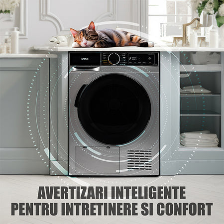 Uscator Rufe Automat, Samus Sadp-836ds, Pompa De Caldura, 8 Kg, Cls D latime 60 cm, functie Antisifonare, igienizare UV, blocare acces copii, optiune pornire intarziata, gri + negru