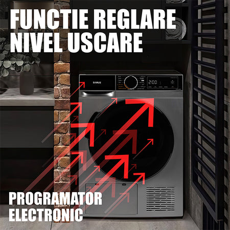 Uscator Rufe Automat, Samus Sadp-836ds, Pompa De Caldura, 8 Kg, Cls D latime 60 cm, functie Antisifonare, igienizare UV, blocare acces copii, optiune pornire intarziata, gri + negru