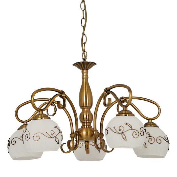 Oxana 5candelabru, Metal Bronz + Lustra Oxana, Metal Bronz + Abajur Sticla Alb Opal- Auriu,5x E27               Sticla Alb Opal Cu Model Auriu