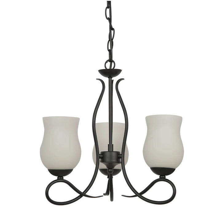 Lusta Rustika 3, Metal Negru + Abajur Sticla Alb Opal, 3x E 27
