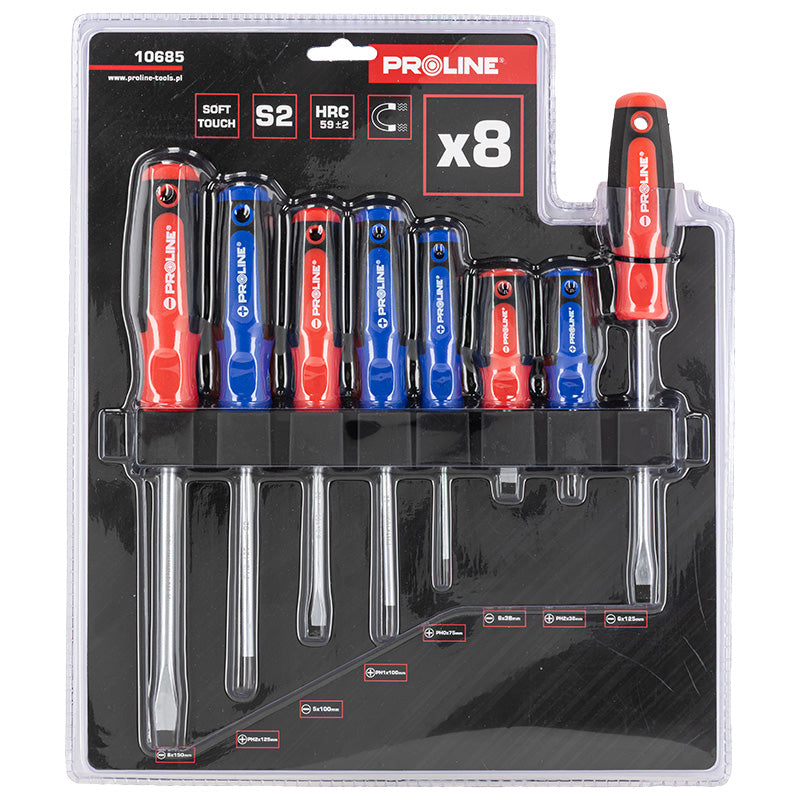 Set șurubelnițe S2 cu mâner soft-touch și suport, 8 piese PROLINE 10685