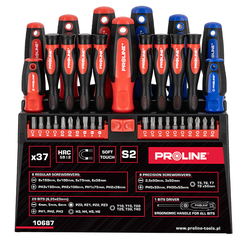 Set șurubelnițe S2, mâner soft-touch, cu stand, 37 piese PROLINE 10687