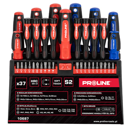 Set șurubelnițe S2, mâner soft-touch, cu stand, 37 piese PROLINE 10687
