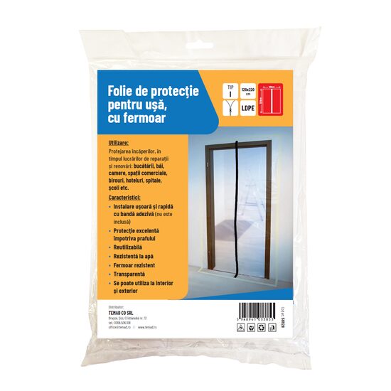 Folie de protecție pentru ușă cu fermoar 1,2 m × 2,2 m și grosime 0,1 mm