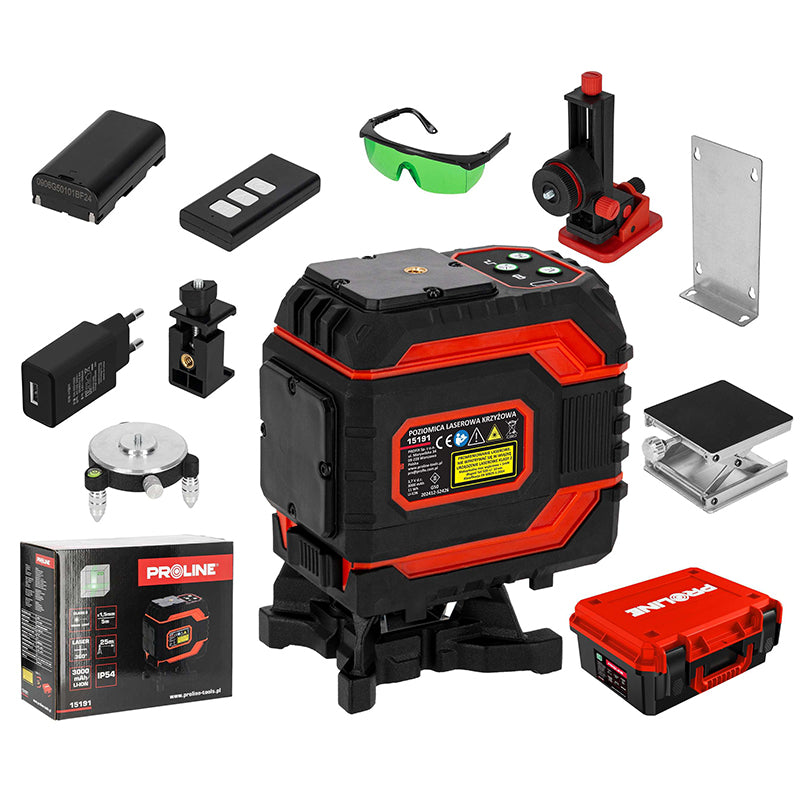 Nivela laser autonivelantă 0.3 mm/1 m, 25 m, 360°/2D, fascicul verde, IP54, acumulator Li-Ion PROLINE 15191