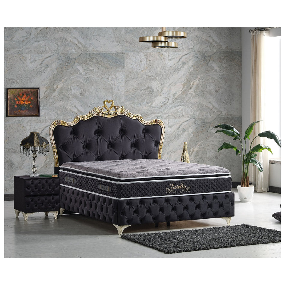 Pat Tapitat Estello Negru Cu Saltea Si Lada Depopzitare,1.8x2m