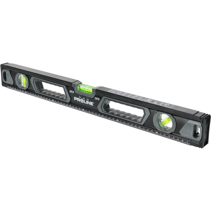 Nivelă premium PROLINE cu mânere și 3 bule, profil aluminiu, precisă