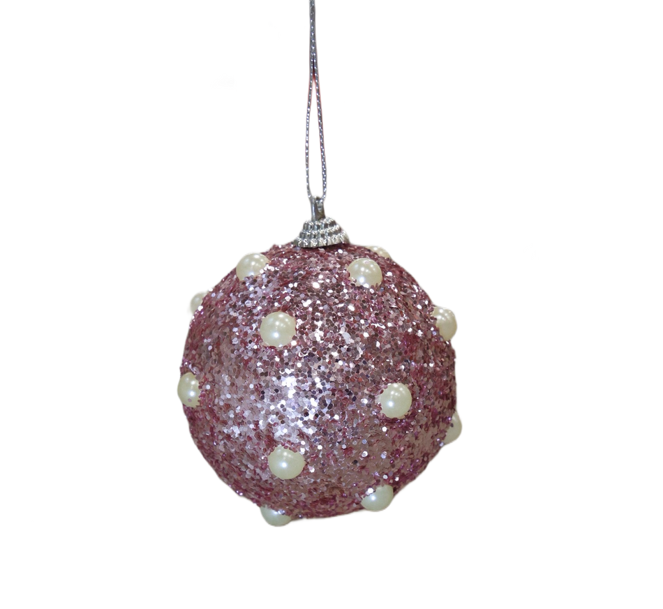 XMAS ORNAMENT GLOB ROZ CU PERLE 8 CM, PLASTIC