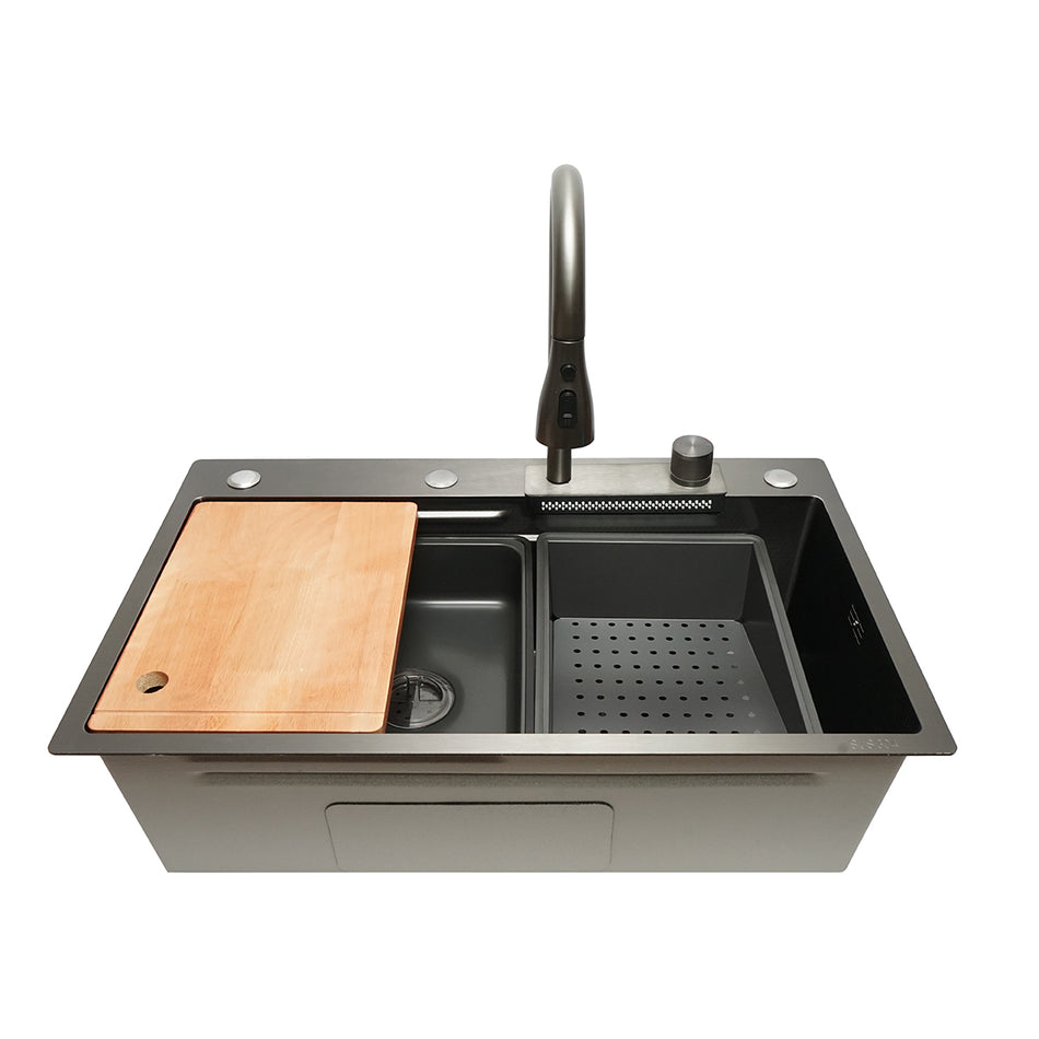 Set chiuvetă de bucătărie din oțel inoxidabil cu baterie și funcție cascadă de 75 × 46 × 22 cm DISPK34