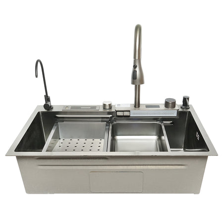 Chiuveta bucatarie multifunctionala, otel inoxidabil, afisaj digital temperatura, spalator pahare, accesorii incluse, dimensiune 75x46cm