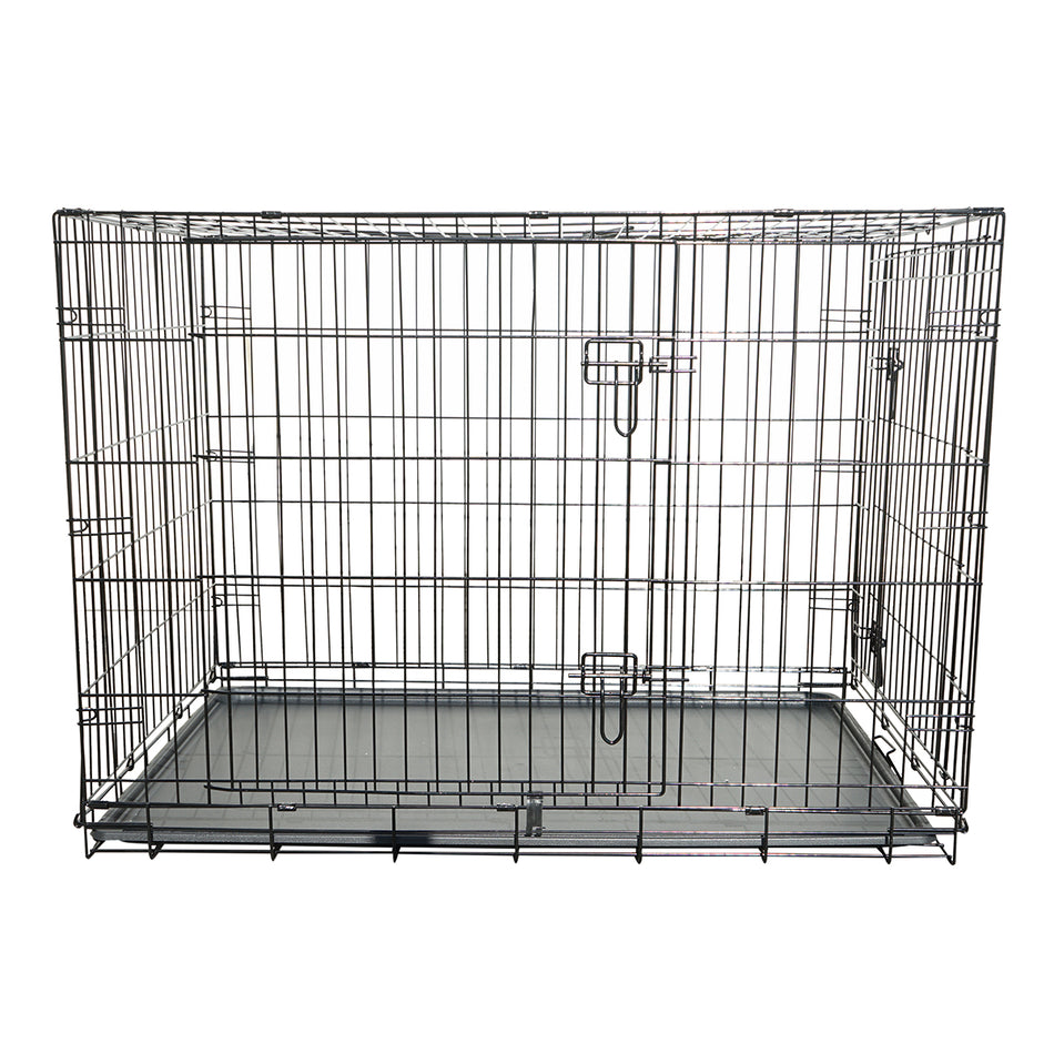 Cusca transport animale pliabila din metal cu 2 usi, tava detasabila si maner 90x60x67cm
