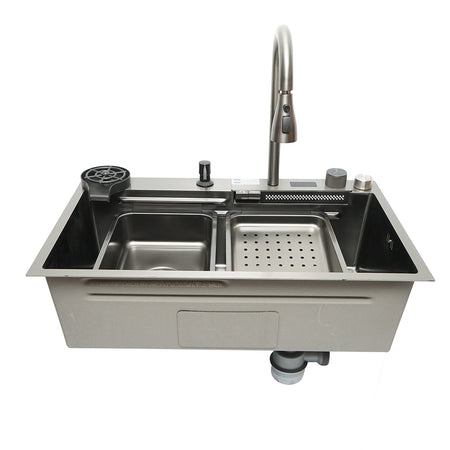 Chiuveta bucatarie otel inoxidabil, afisaj digital temperatura, functie cascada, spalator pahare, dozator sapun, scurgator, tava, tocator si accesorii incluse, dimensiune 75x46x23.5cm