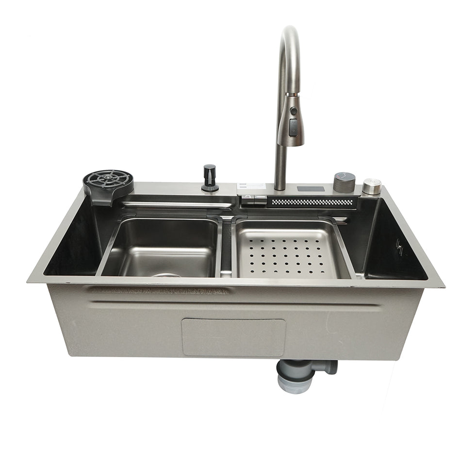Chiuveta bucatarie otel inoxidabil, afisaj digital temperatura, functie cascada, spalator pahare, dozator sapun, scurgator, tava, tocator si accesorii incluse, dimensiune 75x46x23.5cm