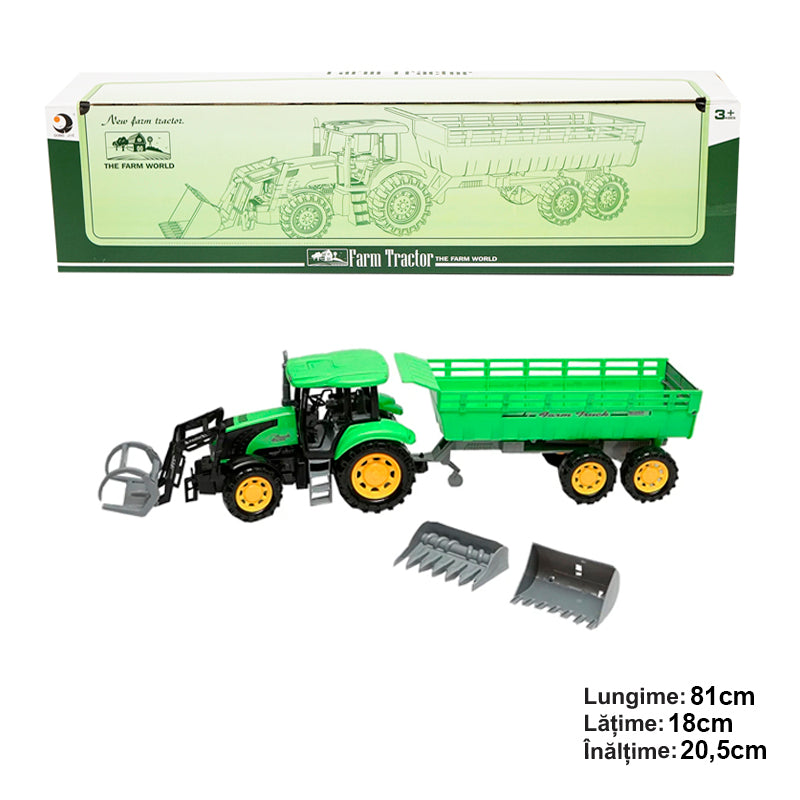 Jucarie Tractor Cu Incarcator Frontal Si Remorca