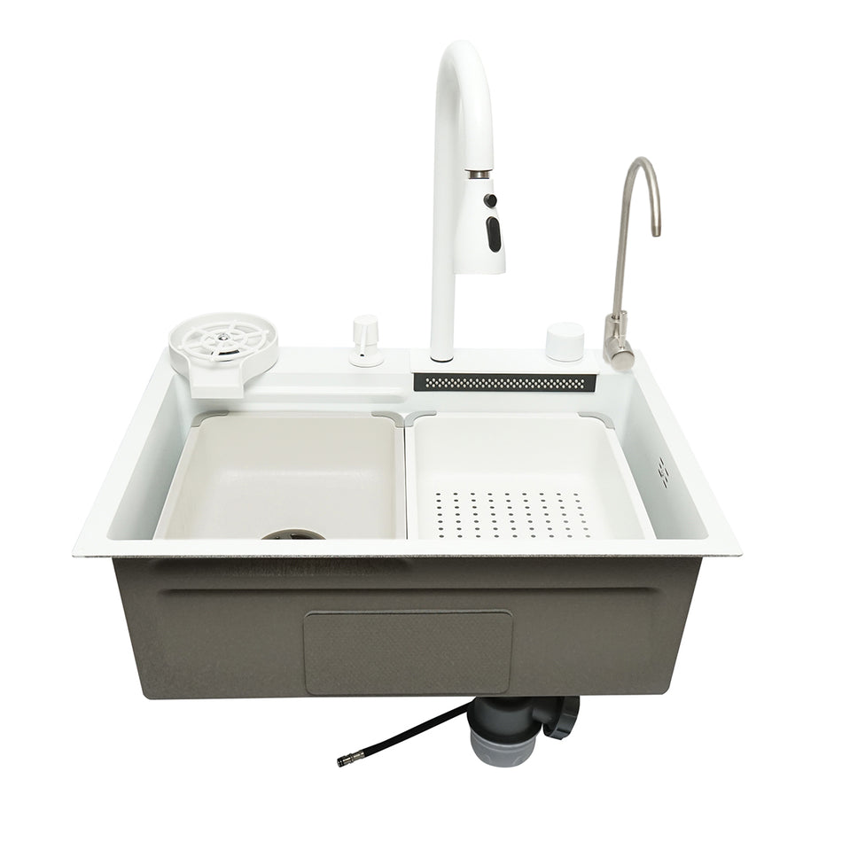 Chiuveta bucatarie otel inoxidabil cu doua baterii, functie cascada, spalator pahare, dozator sapun, scurgator, tava, tocator si accesorii scurgere incluse, dimensiune 60x45x22cm