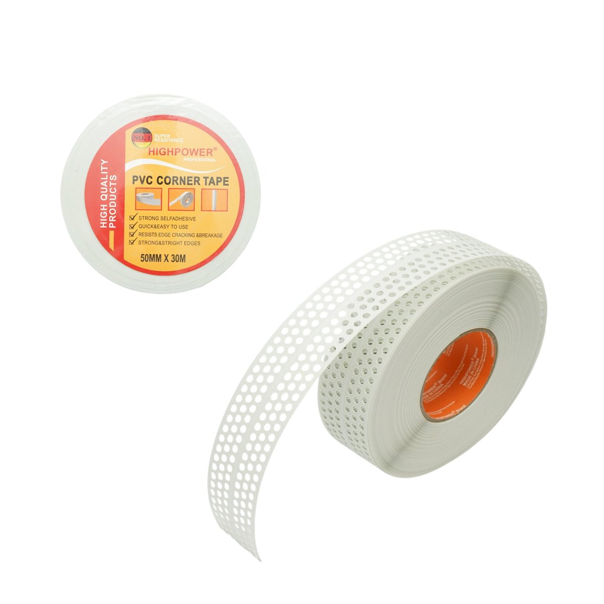 Bandă autoadezivă din PVC perforat pentru protecția colțurilor din rigips de 50 mm × 30 m HighPower AAA137