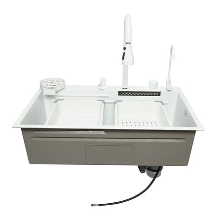 Chiuveta bucatarie otel inoxidabil cu doua baterii, functie cascada, spalator pahare, dozator sapun, scurgator, tava, tocator si accesorii scurgere incluse, dimensiune 75x46x23.5cm