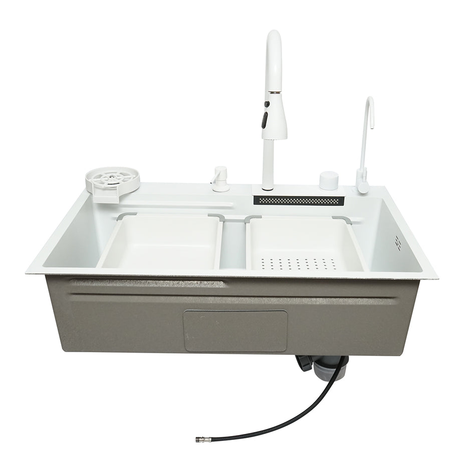 Chiuveta bucatarie otel inoxidabil cu doua baterii, functie cascada, spalator pahare, dozator sapun, scurgator, tava, tocator si accesorii scurgere incluse, dimensiune 75x46x23.5cm
