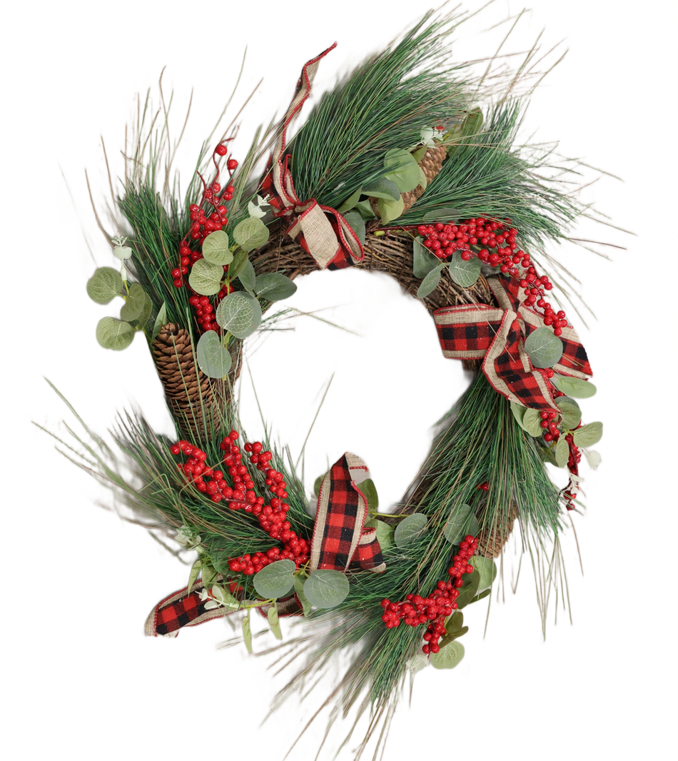 XMAS CORONITA PIN, EUCALIPT SI BOBITE ROSII