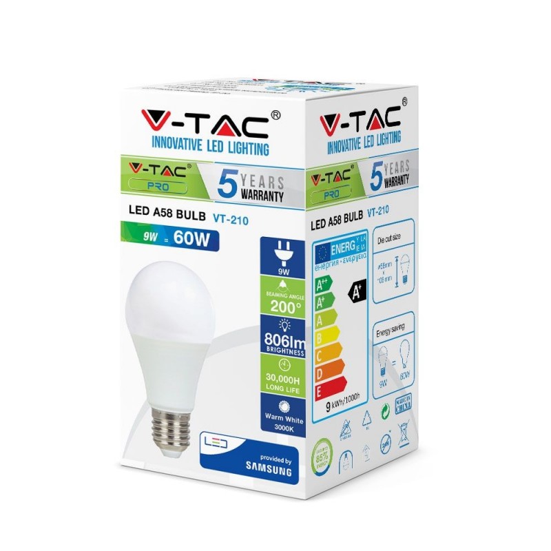 Bec LED E27 A58 9W Alb cald V-TAC