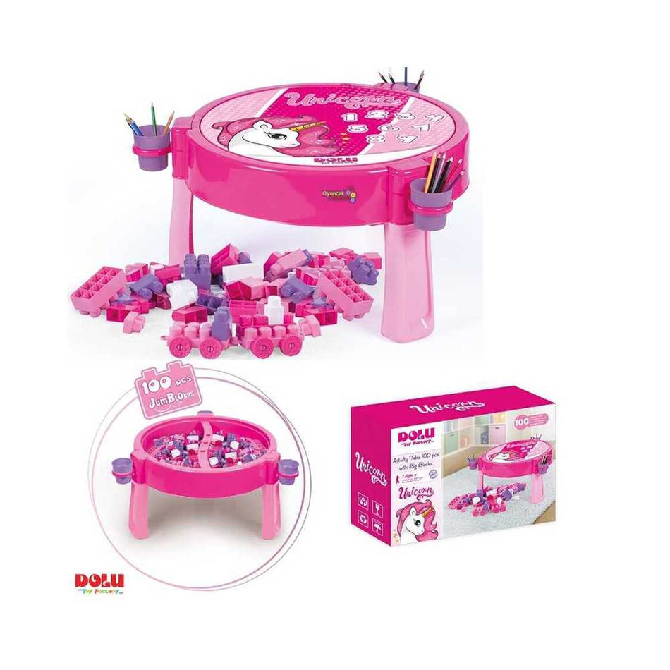 Masuta Activitati, Roz - Unicorn + 100 Cuburi, Jumbo - Dolu 2572