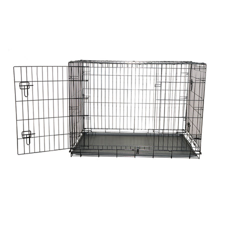 Cusca transport animale pliabila din metal cu 2 usi, tava detasabila si maner 122x75.5x84cm