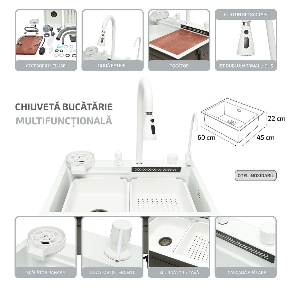 Chiuveta bucatarie otel inoxidabil cu doua baterii, functie cascada, spalator pahare, dozator sapun, scurgator, tava, tocator si accesorii scurgere incluse, dimensiune 60x45x22cm