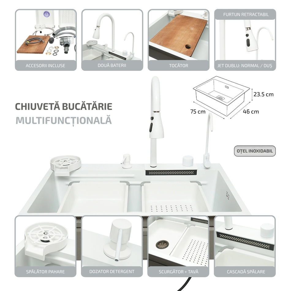 Chiuveta bucatarie otel inoxidabil cu doua baterii, functie cascada, spalator pahare, dozator sapun, scurgator, tava, tocator si accesorii scurgere incluse, dimensiune 75x46x23.5cm