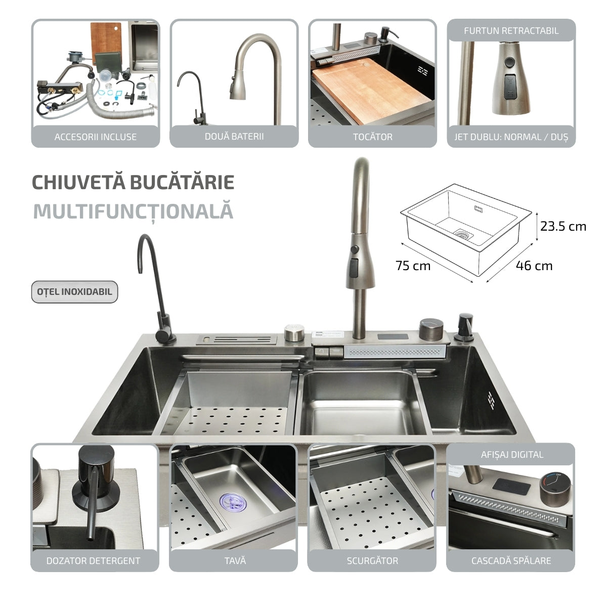 Chiuveta bucatarie multifunctionala, otel inoxidabil, afisaj digital temperatura, spalator pahare, accesorii incluse, dimensiune 75x46cm