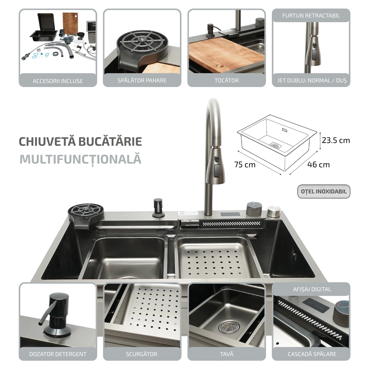 Chiuveta bucatarie otel inoxidabil, afisaj digital temperatura, functie cascada, spalator pahare, dozator sapun, scurgator, tava, tocator si accesorii incluse, dimensiune 75x46x23.5cm