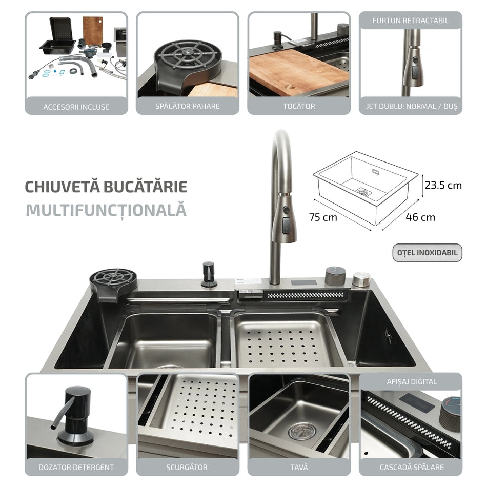 Chiuveta bucatarie otel inoxidabil, afisaj digital temperatura, functie cascada, spalator pahare, dozator sapun, scurgator, tava, tocator si accesorii incluse, dimensiune 75x46x23.5cm