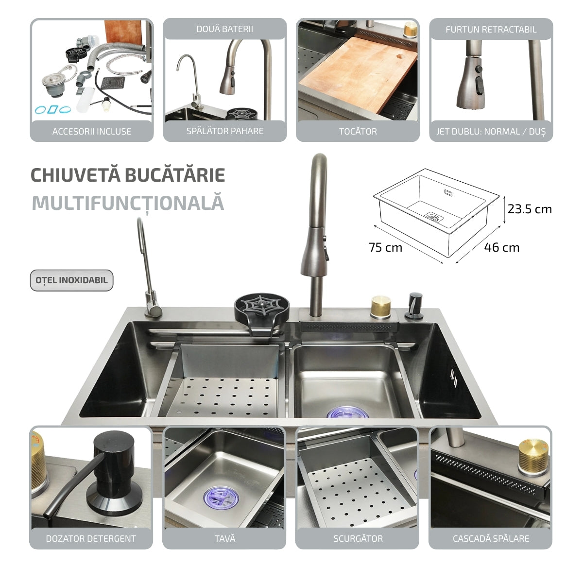 Chiuveta Bucatarie Multifunctionala Cu Doua Baterii 75x46x23.5cm