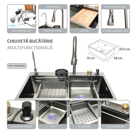 Chiuveta Bucatarie Multifunctionala Cu Doua Baterii 75x46x23.5cm
