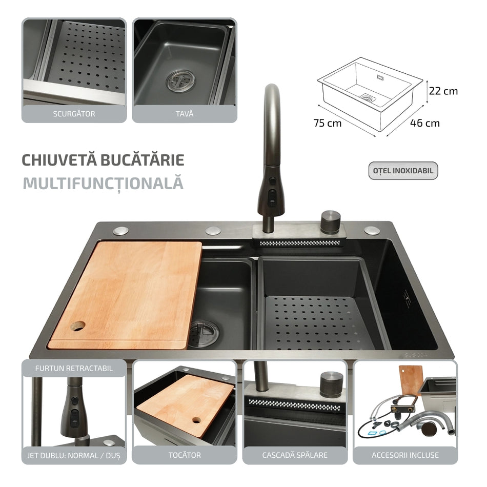 Chiuveta bucatarie multifunctionala, otel inoxidabil cu functie cascada, scurgator, tava, tocator si accesorii incluse, dimensiune 75x46x22cm