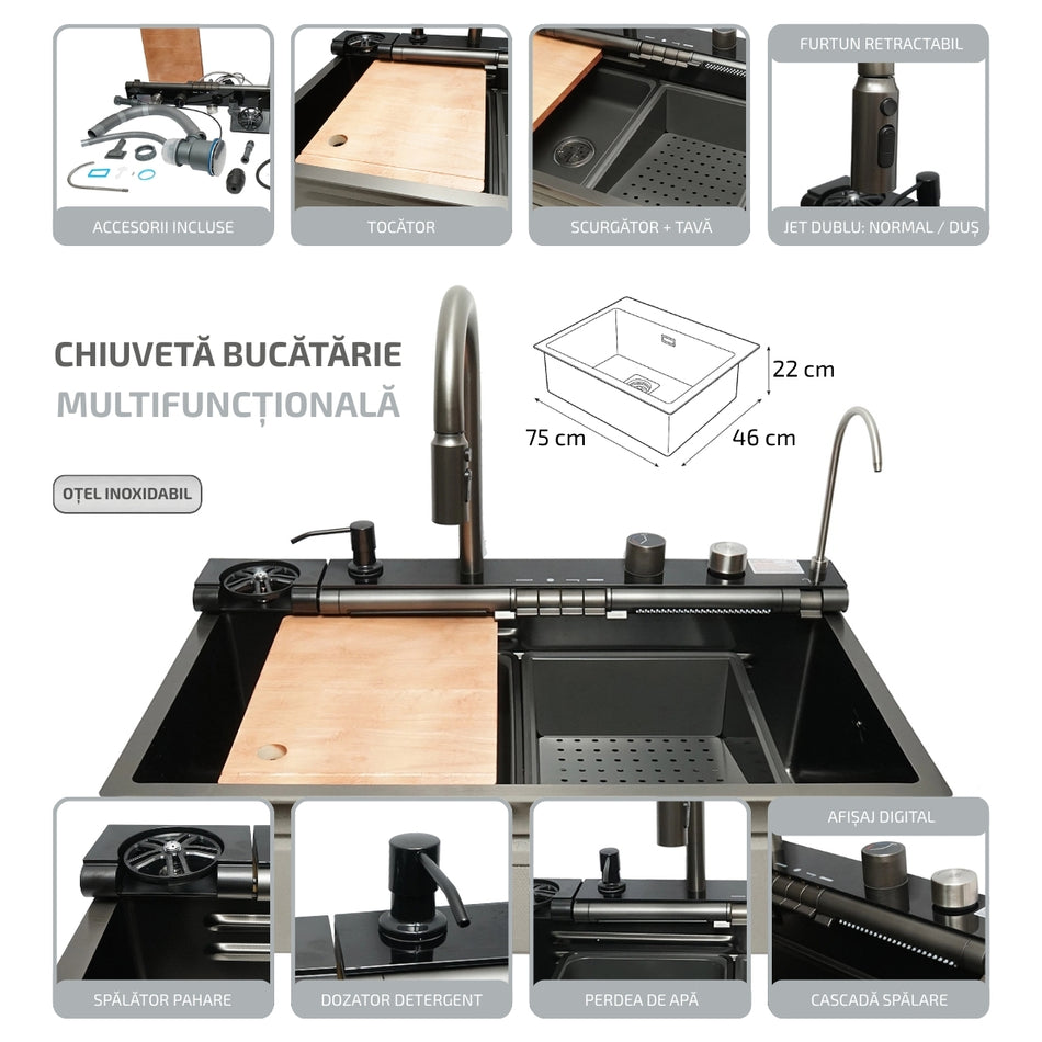 Chiuveta bucatarie multifunctionala cu doua baterii, otel inoxidabil cu afisaj digital temperatura, doua cascade, spalator pahare, scurgator, tava, tocator si accesorii incluse, dimensiune 75x46x22cm