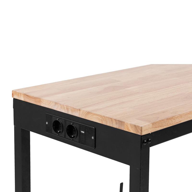 Masă lucru mobilă cu prize, blat lemn 122 × 51 cm, reglare înălțime, roți cu frână, PROLINE 31221