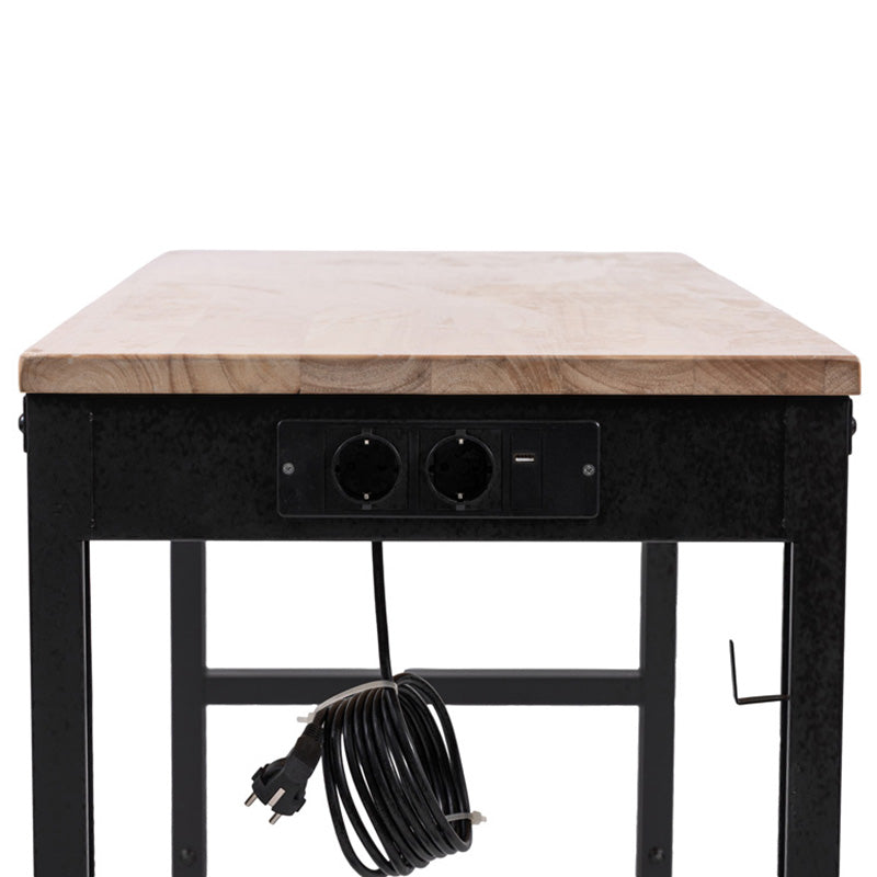 Masă lucru mobilă cu prize, blat lemn 122 × 51 cm, reglare înălțime, roți cu frână, PROLINE 31221