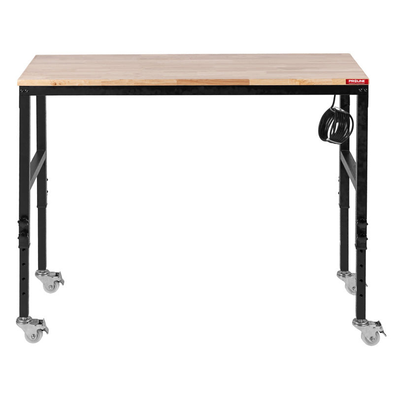 Masă lucru mobilă cu prize, blat lemn 122 × 51 cm, reglare înălțime, roți cu frână, PROLINE 31221
