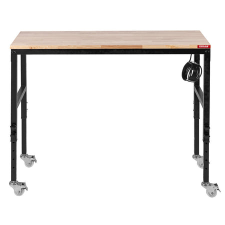 Masă lucru mobilă cu prize, blat lemn 122 × 51 cm, reglare înălțime, roți cu frână, PROLINE 31221