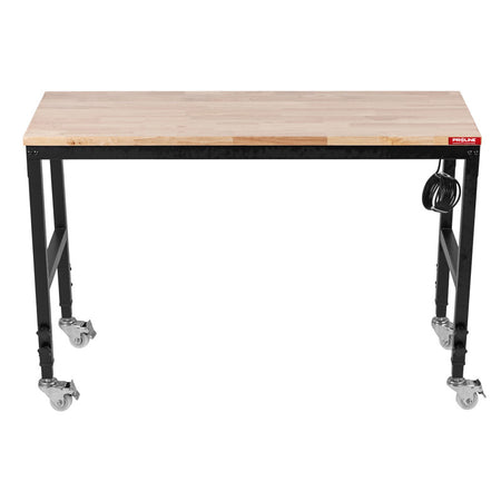 Masă lucru mobilă cu prize, blat lemn 122 × 51 cm, reglare înălțime, roți cu frână, PROLINE 31221