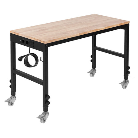 Masă lucru mobilă cu prize, blat lemn 122 × 51 cm, reglare înălțime, roți cu frână, PROLINE 31221