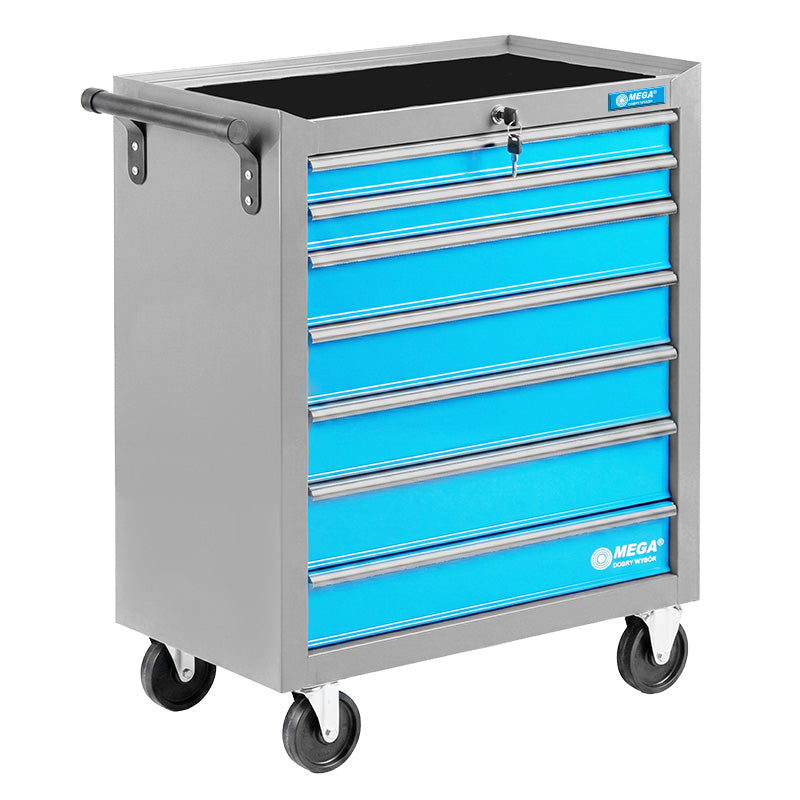 Dulap scule mobil cu 7 sertare, 615×330×770 mm, blat cauciuc, roți pivotante, MEGA 33137